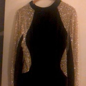 Long Sleeved Gold Stoned Body Con Dress